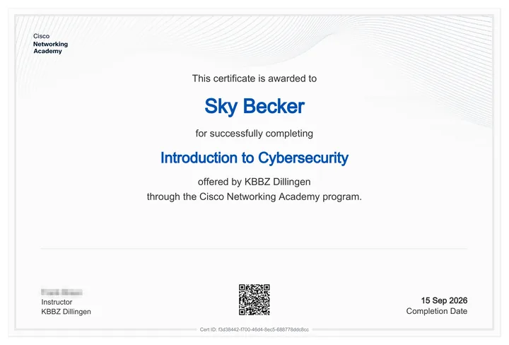Zertifikat: Sky Becker hat den Kurs Introduction to Cybersecurity der Cisco Networking Academy abgeschlossen